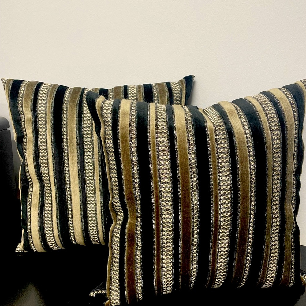 Set of 2 Black & Taupe Stripe Velvet 16” Square Throw Pillows.